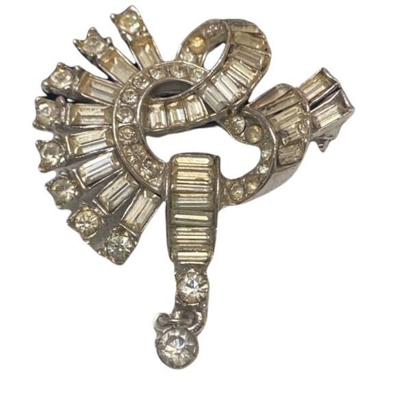 Vintage 1940’s Reinad Art Deco Clear Baguette And Round Rhinestone Brooch - Picture 4 of 10